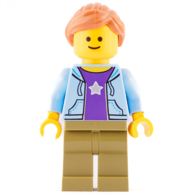 Lego Bright Light Blue Torso, Jacket, Olive Green Legs, Dark Orange Hair
