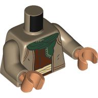Lego Torso, Jacket, Dark Orange Trim, Reddish Brown Shirt, Dark Green Scarf print, Dark Tan Arms, Nougat Hands / Dark Tan