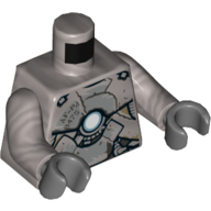 Lego Torso Armour, Tatty with Light Blue and White Circle (Arc Reactor) Print (Iron Man), Flat Silver Arms, Dark Bluish Gray Hands / Flat Silver