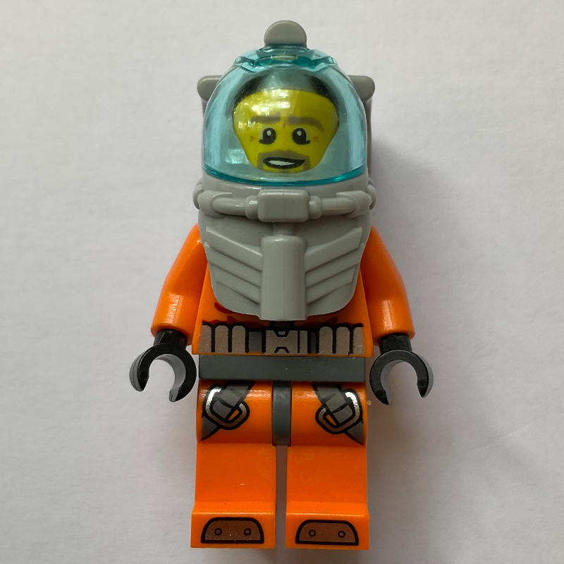 Lego Diver, Man, Orange Wetsuit, Diving Helmet with Visor, Beard