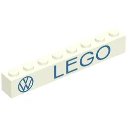 Brick 1 x 8 with 'VW LEGO' Blue Print / White
