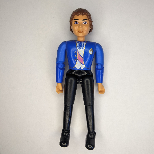 Lego Belville Figure Articulated Elbows, Male, Brown Hair, Black Pants, Blue Jacket with Purple Sash and Blue Bow Print / Nougat