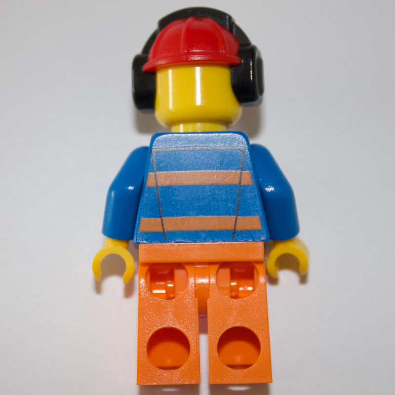 Lego Worker - Blue Torso, Orange Legs, Red Helmet with Ear Protectors