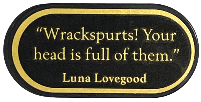 Lego Tile, Round 2 x 4 Oval with Gold '"Wrackspurts! Your head is full of them."', 'Luna Lovegood', and Border Pattern (Sticker) - Set 76405