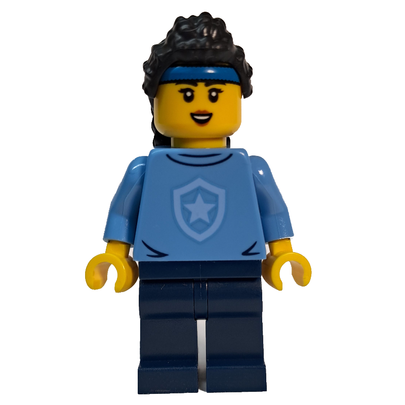 Lego Police Officer, Sweater with Police Badge, Black Hair, Blue Hairband