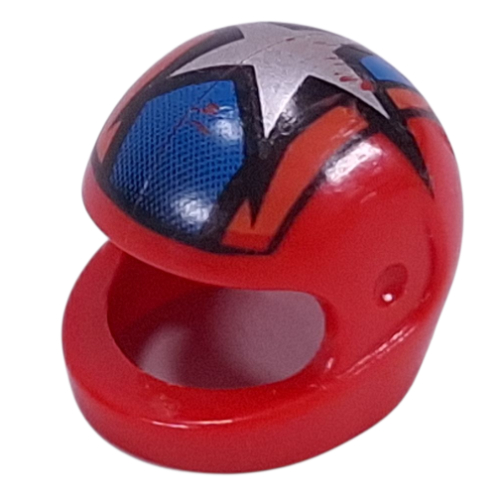 Lego Helmet, Standard with Blue, Orange Stripes and Large Silver Star Print / Red
