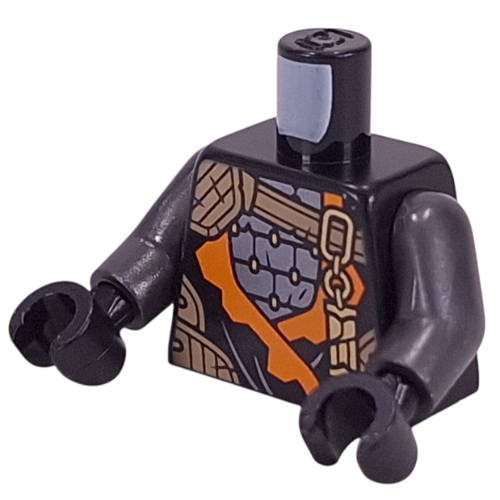 Lego Torso, Ninja Robes, Orange Trim, Gold Decorations, Silver Armor Plating print, Pearl Titanium Arms, Black Hands / Black