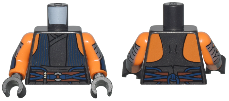 Lego Torso SW Vest Open with Dark Blue Pinstripes over Tunic, Reddish Brown Belt with Cords and Silver Ring, Orange Shoulders Pattern / Orange Arms with Dark Bluish Gray Wrappings and Dark Blue Bracers Pattern / Pearl Dark Gray Hands
