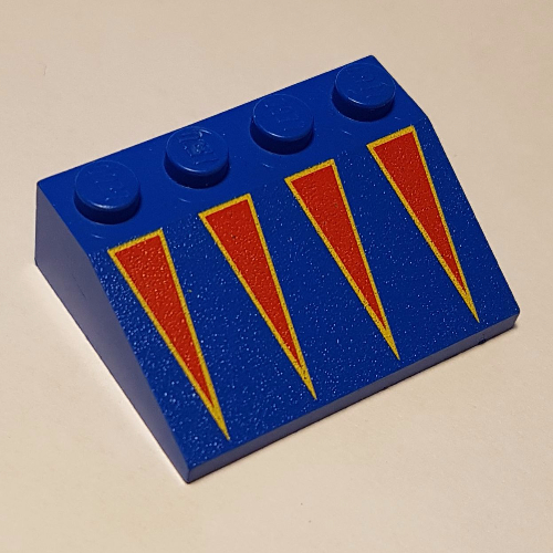 Lego Brick Sloped 33° 3 x 4 with Red Triangles with Yellow Border Print / Blue