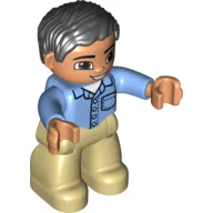 Duplo Figure with Parted Wavy Hair Black, Shirt with Collar, Pocket, and 4 Buttons / Medium Blue