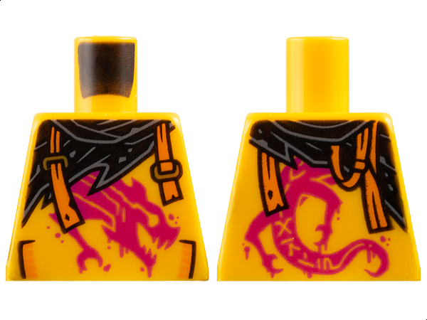 Lego Torso Shirt with Pockets and Painted Magenta Dragon, Black Tattered Scarf, Orange Broken Suspenders with Gold Slides Pattern
