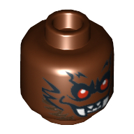 Lego Minifig Head Bat Monster, Fangs, Red Eyes and Black Fur Print / Reddish Brown