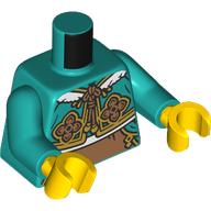 Lego Torso, Cheongsam Bolero, Gold/Medium Nougat Decorations, White Fur print, Dark Turquoise Arms, Yellow Hands / Dark Turquoise