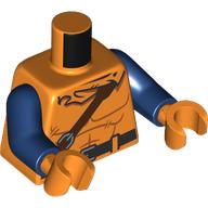 Lego Torso, Muscles, Reddish Brown Strap, Black Belt, Hood print, Dark Blue Arms, Orange Hands / Orange