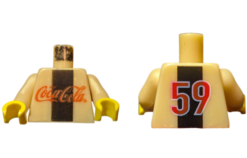 Lego Torso Soccer Jersey with Coca-Cola Logo and Black Stripe, Red '59' on Back Pattern / Pearl Light Gold Arms / Yellow Hands