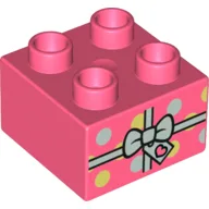 Duplo Brick 2 x 2 with Gift, with Ribbon, Bow, and Spots Print / Coral