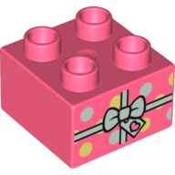 Lego Duplo Brick 2 x 2 with Gift, with Ribbon, Bow, and Spots Print / Coral
