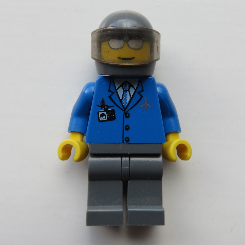Lego Pilot, Blue Jacket with Plane Logo and Blue Tie, Dark Bluish Gray Helmet with Visor, Silver Sunglasses