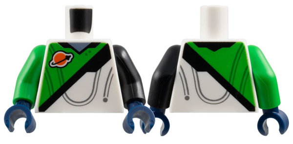 Lego Torso Spacesuit with Bright Green Panel, Classic Space Logo, Black Stripe, and Sand Blue Collar Pattern / Black Arm Left / Bright Green Arm Right / Dark Blue Hands