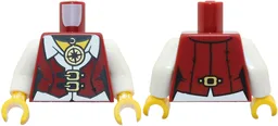 Torso Female Pirate Vest Closed over White Shirt, Gold Buckles and Compass Necklace, Yellow Neck Pattern / White Arms / Yellow Hands / Dark Red