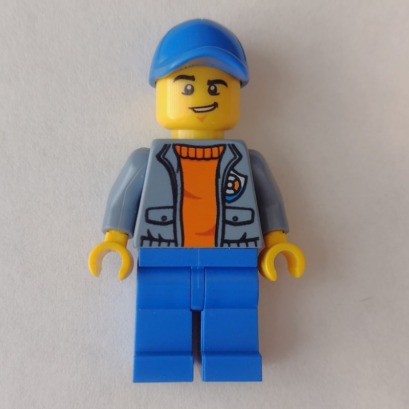 Lego Coast Guard, Open Sand Blue Jacket with Badge over Orange Sweater, Blue Cap