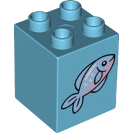 Lego Duplo Brick 2 x 2 x 2 with Fish with Pink Belly Print / Medium Azure