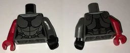 Torso Batman Female Armor Silver Plate Pattern / Dark Bluish Gray Arm and Black Hand Left / Red Arm with Armor Pattern and Red Hand Right