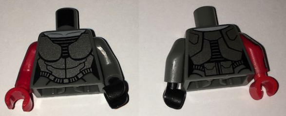 Lego Torso Batman Female Armor Silver Plate Pattern / Dark Bluish Gray Arm and Black Hand Left / Red Arm with Armor Pattern and Red Hand Right