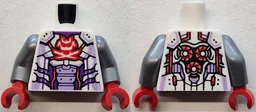 Torso Armor with Lavender Highlights and Abdomen Panels, Red and Coral Trim, Samurai Helmet and Crossed Swords Logo, Dark Purple Stomach and Neck, Circles with Fans on Back Pattern / Flat Silver Arms / Red Hands