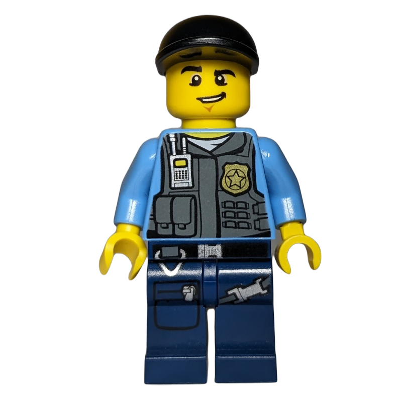 Lego Policeman, Vest with Badge, Pockets, and Radio, Black Cap