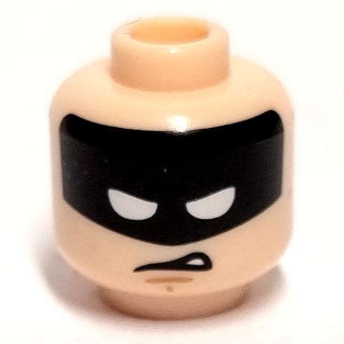 Lego Minifig Head Batman, Black Mask with White Squinted Eyes, Worried / Disgusted Expression Print / Light Nougat