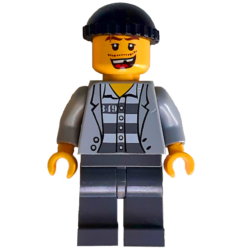 Lego Criminal, Open Light Bluish Gray Jacket over Prison Shirt, Dark Bluish Gray Legs, Black Hat, Missing Tooth (3626c Head)