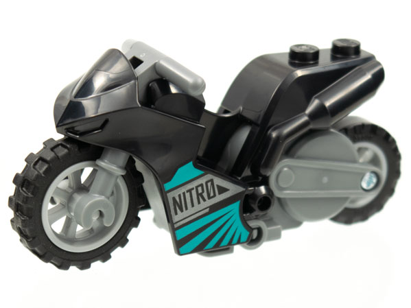 Lego Stuntz Flywheel Motorcycle Sport Bike Tapered Front with Dark Bluish Gray Frame, Light Bluish Gray Wheels, and Dark Bluish Gray Handlebars with 'NITRO' and Dark Turquoise Trim Pattern