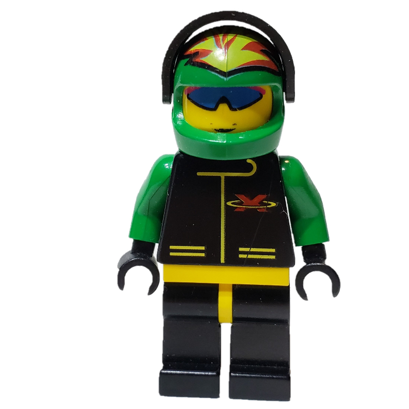 Lego Racer, Extreme Team, Black Jacket, Black Legs, Green Helmet with Visor, Blue Sunglasses