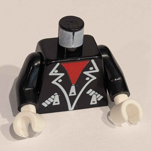 Lego Torso, Jacket, White Zippers, Trim, Red Shirt print, Black Arms, White Hands / Black
