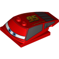 Lego Brick Wedged, Curved 6 x 4 x 1 1/3 with 4 x 4 Base with Blue Eyes on Narrow White Background, Windows and '95' Print (Lightning McQueen)
