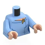 Torso, Star Fleet Uniform, Gold Badge, Light Nougat Neck Print, Bright Light Blue Arms, Light Nougat Hands / Bright Light Blue