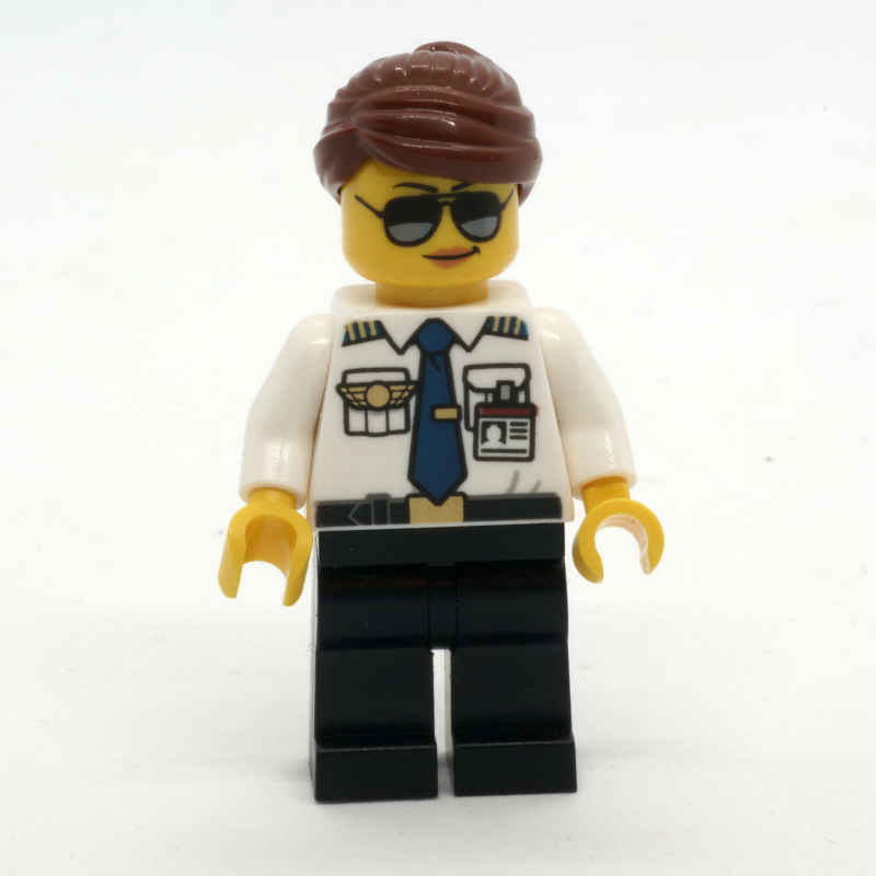 Lego Pilot, Woman, White Shirt with Tie and Wings Badge, Black Legs, Reddish Brown Hair, Sunglasses