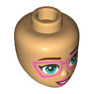 Lego Minidoll Head Dark Brown Eyebrows, Dark Turquoise Eyes, Pink Lips, Pink Glasses / Warm Tan