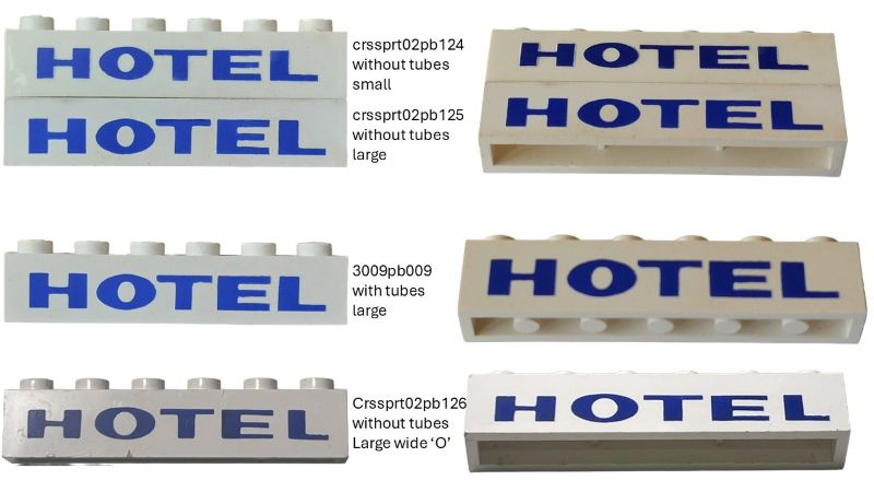 Lego Brick 1 x 6 without Bottom Tubes with Cross Side Supports with Blue 'HOTEL' Sans-Serif Bold Pattern (Undetermined Type)