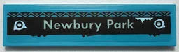 Tile 1 x 4 with Light Aqua 'Newbury Park' and Metallic Light Blue Rivets on Black Rectangle with Triangles Border Pattern (Sticker) - Set 70427 / Medium Azure