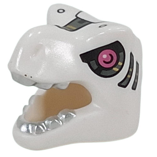 Lego Mask, T-Rex with Silver Teeth, Mechanical Eye, Metal Pink Iris print / White