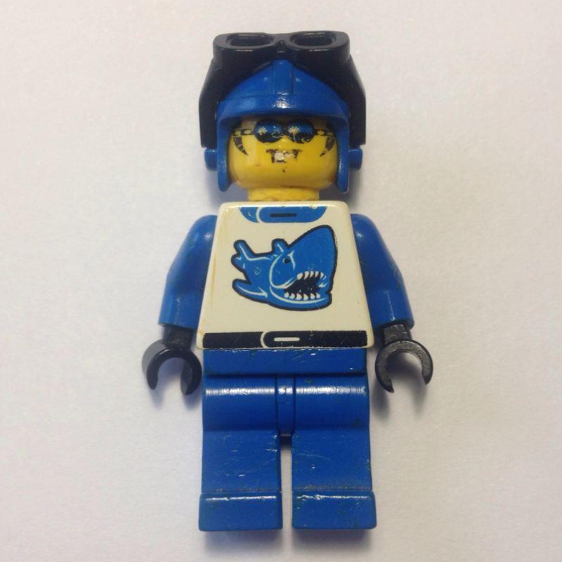 Lego Racer, Blue and White Outfit with Shark, Blue Hat with Goggles