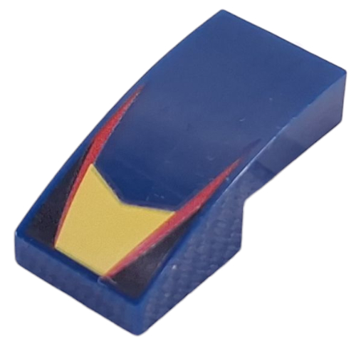 Lego Brick Curved 2 x 1 No Studs with Yellow Shape, Red Lines, Black Triangles print / Dark Blue