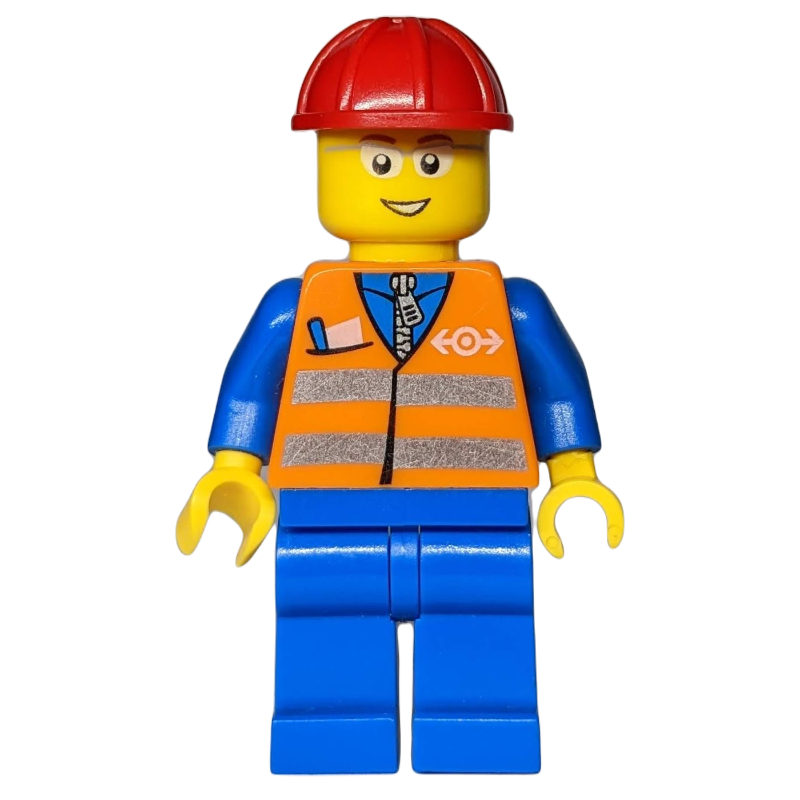 Lego Worker - Orange Safety Vest, Blue Legs, Red Helmet, Glasses