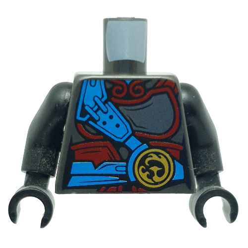 Lego Torso Armor, Dark Red with Dark Azure Belt and Strap, Gold Phoenix Print, Black Arms and Hands / Pearl Titanium