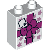 Lego Duplo Brick 1 x 2 x 2 with Bottom Tube and Bow and Gift Tag Print / White