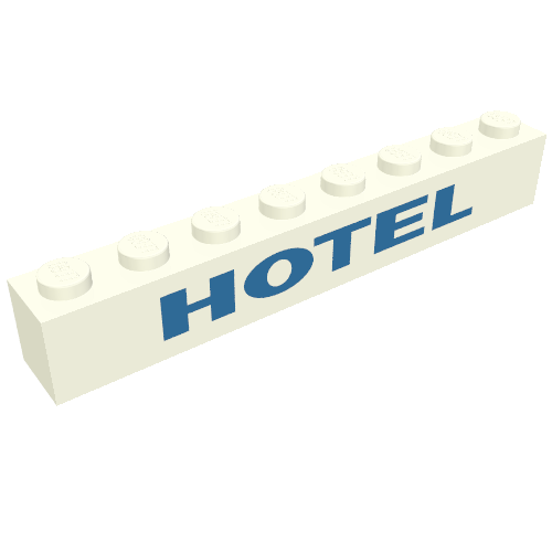 Lego Brick 1 x 8 with 'HOTEL' Blue print / White