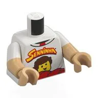 Torso, Dual Molded Arms, Red/Yellow 'SENNINHA', Minifig Print, White Sleeves Pattern, Warm Tan Arms and Hands / White