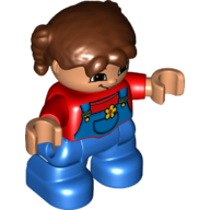 Lego Duplo Figure Child with Pigtails Reddish Brown, with Red Top Under Blue Overalls with Yellow Flower in Pocket, Blue Legs / Red